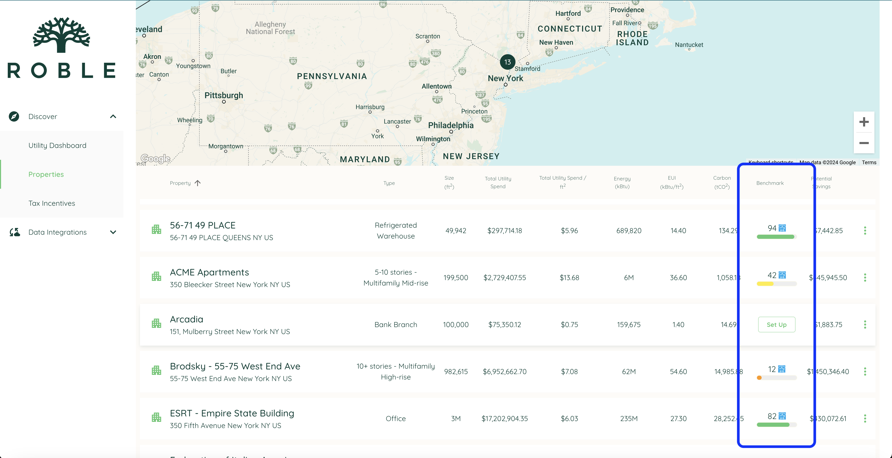 The Roble property list displays the ENERGYSTAR score under the "benchmark" column